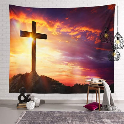 BERRY Jesus Christ Cross Sunrise Tapestry Sunset Sepulcher Lord Pray Easter Crucifixion Religious Belief Wall Hangings Decor Large Tapestry for Bedroom Living Room Dorm College Church Man Cave(80x60