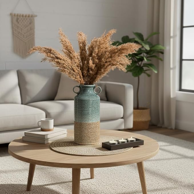 Blue and Brown Ceramic Rustic Vase with 2 Round Handles, Modern Farmhouse Flower Vase, Vintage Terracotta Vases for Home Decor, Wedding, Living Room, Table, Shelf Decor - 9.5 Inch Tall