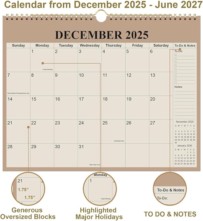 Calendar 2026-18 Months Wall Calendar from January 2026 - June 2027, 2026-2027 Wall Hanging Calendar Planner with Thick Paper, 12" x 14.5", Beige