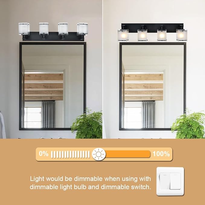 4-Lights Bathroom Vanity Lighting Over Mirror, Black Bathroom Wall Light Fixtures with Frosted Rectangular Glass Shade for Bath Living Room, E26 Bulb Base