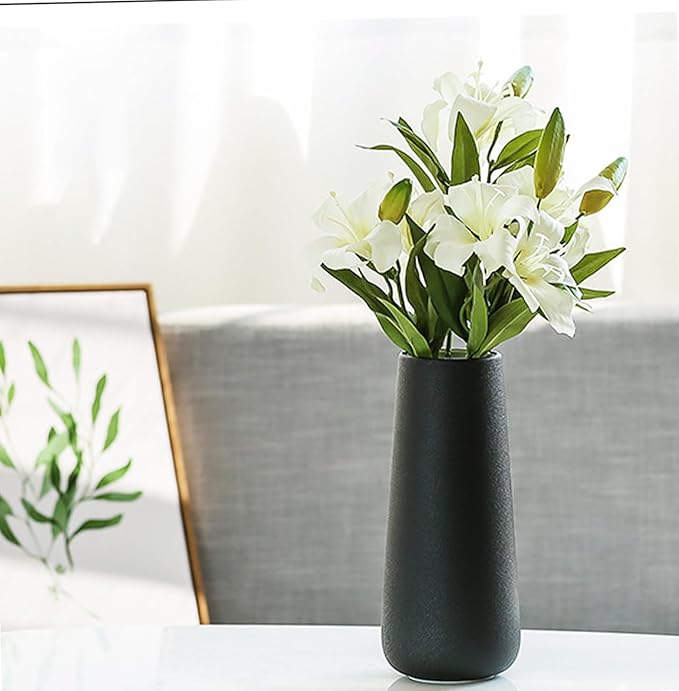 11 Inch Tall Matt Black Ceramic Vase for Flowers & Pampas Grass, Classic Rustic Style Decorative Vases for Home Decor Table Centerpieces