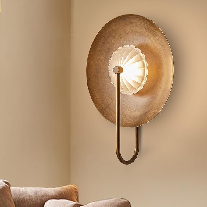 Hyunbae Mid Century Modern Wall Sconces Indoor, Dimmable LED Wall Sconce with Fluted Glass Shade, Brass Wall Lights for Living Room, Bedroom, Bathroom, Hallway, Dining Room, 2700K