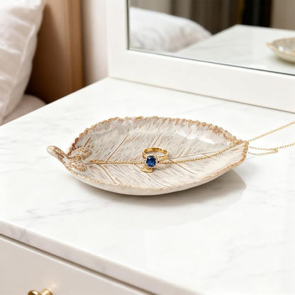 Ceramic Jewelry Dish, Decorative Tray for Rings Earrings Necklaces Bracelet Watch Keys, 4.50" Trinket Tray as Gifts for Women (Reactive Leaf)
