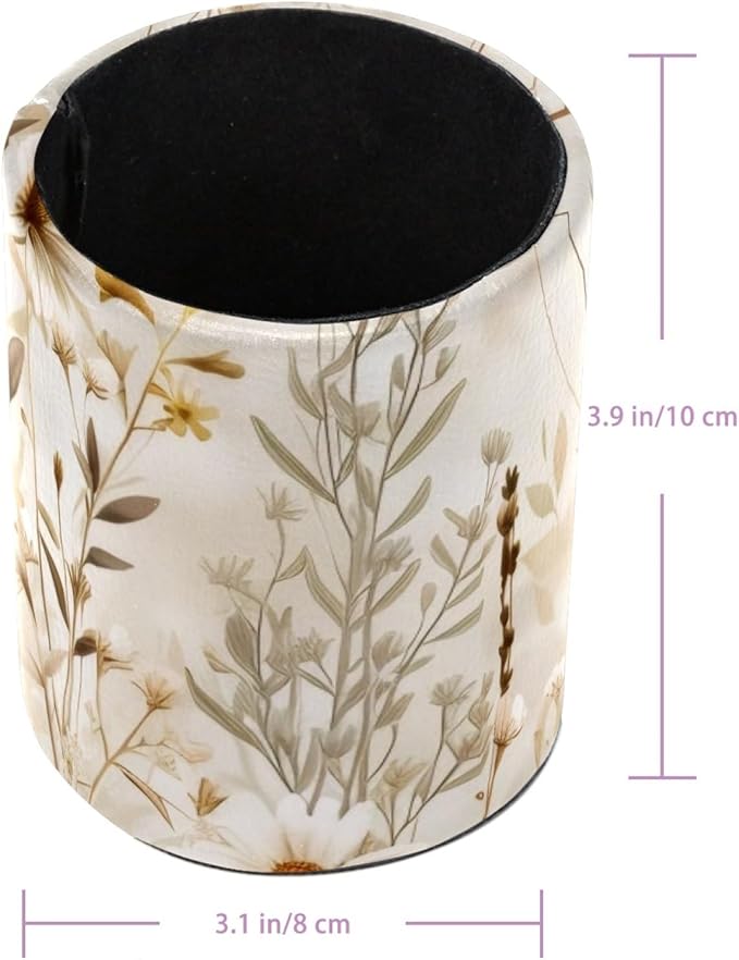 Round Pen Holder for Desk, Leather Pen Pencil Cup, Decorative Desk Stationery Supplies Organizer for Home Office Classroom, Wildflowers Beige White Vintage Pattern