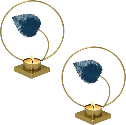 2-Pack Brass Floral Candle Holders – Elegant Leaf Design Tealight Holders for Table Centerpieces, Wedding, Housewarming & Holiday Décor (Blue Leaf)