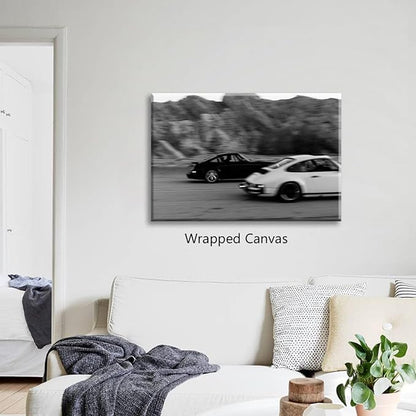 Black and White Photography Canvas Wall Art, Race Cars Aesthetic Poster, Trendy Classic Car Racing Photo Print Gift for Timeless Speed Enthusiasts, Man Cave Bedroom Wall Decor 24x36in Wrapped Canvas