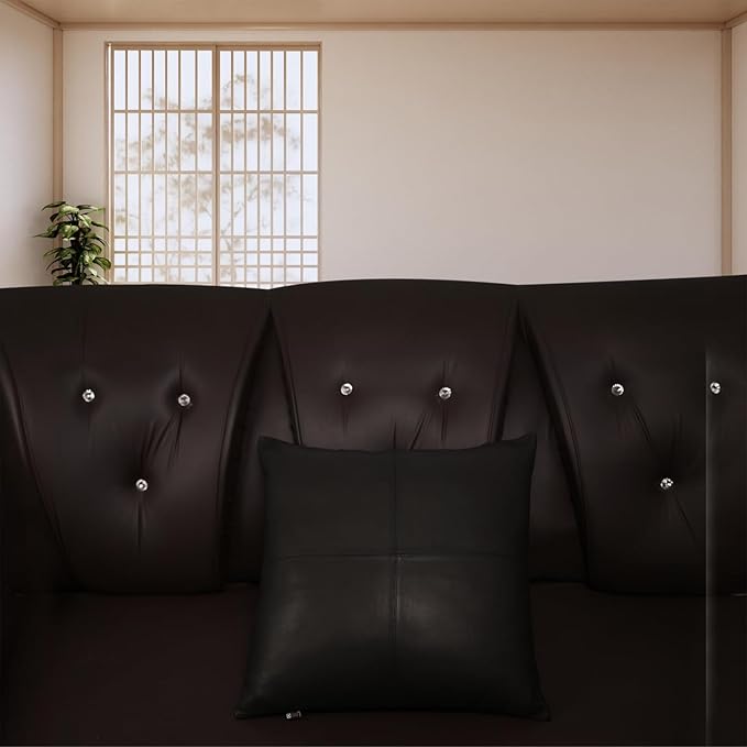 D DOLLY LAMB Lambskin Leather Pillow Cover - Sofa Cushion Case - Decorative Throw Covers for Living Room & Bedroom, 14x14 Inches - Black (02) Pack of 2