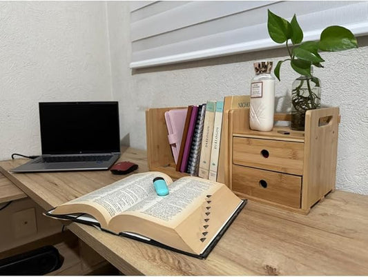 ECOHOME Desktop Bookshelf Expandable with Two Drawer Organizers Made of Bamboo, Collapsible Design & Compartments for Efficient, Clutter-Free Workspace Organization - Sleek Bookshelf