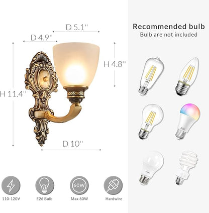 NOXARTE 2 Pack Vintage Wall Sconce Brass Wall Mounted Light Ceiling Fixture with Milk White Glass Shades for Living Room Bedroom Hallway