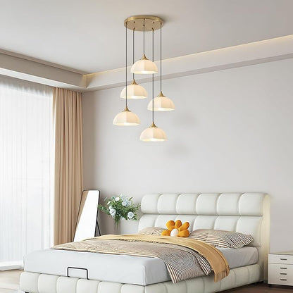 Modern 5 Light Brushed Gold Pendant Lighting Mid Century Milk Glass Cluster Pendant Lights Kitchen Island Adjustable Brass Hanging Chandelier Vintage White Ceramic Light Fixture MPL17-5R GD