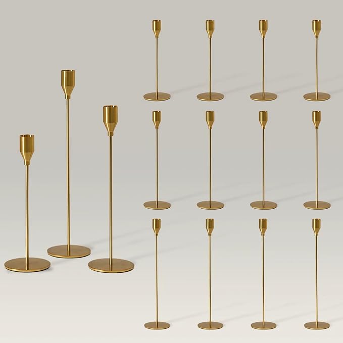 Solid Taper Candle Holders Set of 15 Bulk, Vintage Brass Long Skinny Candlestick (Heights: 9/11/13 Inch), Heavy Iron Anti-Slip Base for Fireplace Mantle Table Centerpiece Wedding Decor