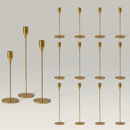 Solid Taper Candle Holders Set of 15 Bulk, Vintage Brass Long Skinny Candlestick (Heights: 9/11/13 Inch), Heavy Iron Anti-Slip Base for Fireplace Mantle Table Centerpiece Wedding Decor