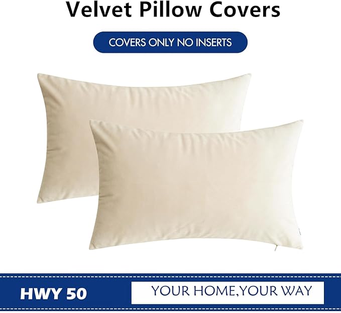 HWY 50 Cream White Velvet Rectangular Throw Pillow Covers 12x20 Inch, Pack of 2 Soft Cozy Solid Decorative Luxury Cushion Cases for Couch Sofa Bed Living Room Bedroom