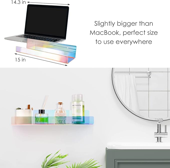 NiHome 2PCS Iridescent Wall Mounted Clear Acrylic Floating Shelves, Attom Tech 15" Thick Invisible Wall Ledge Bookshelf Kids Book Display Shelves for Home, Office, School, Business