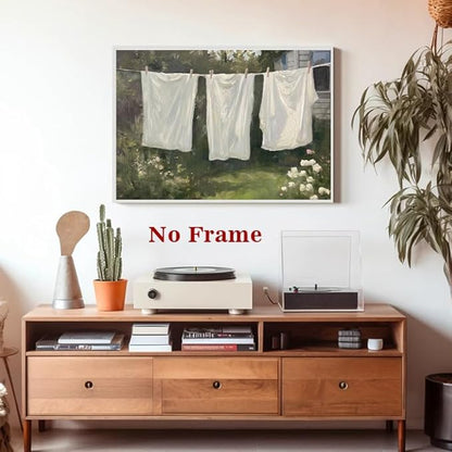 Farmhouse Laundry Picture Vintage Garden Painting Clothesline Canvas Art Cozy Cottage Prints Spring Landscape Artwork Laundry Day Poster Victorian Farmhouse Wall Art for Living Room 16x24in No Frame
