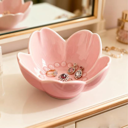 Pink Flower Ring Dish Jewelry Tray, Ceramic Jewelry Dish, Cute Small Trinket Tray, Nightstand Bathroom Decor Ring Holder, Jewlery Plate Bowl for Christmas Friendship Birthday Gifts for Women