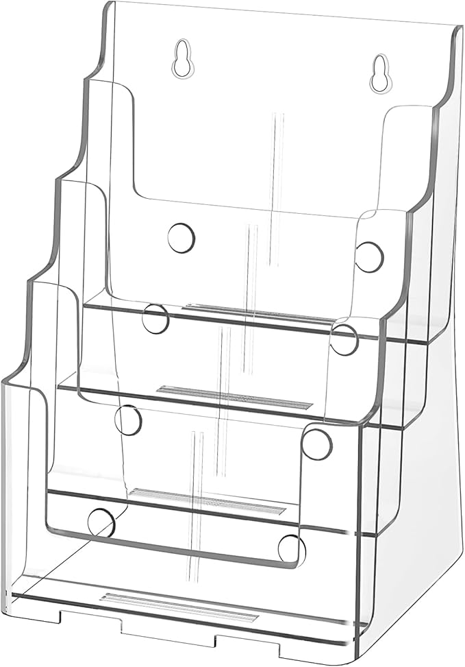 Acrylic Brochure Holder 8.5 x 11 inch, 4 Tier Magazine Stand Clear Literature Organizer Pamphlet Holder with Removable Divider for 4 x 9 inch Brochures for Wall Mount or Desktop