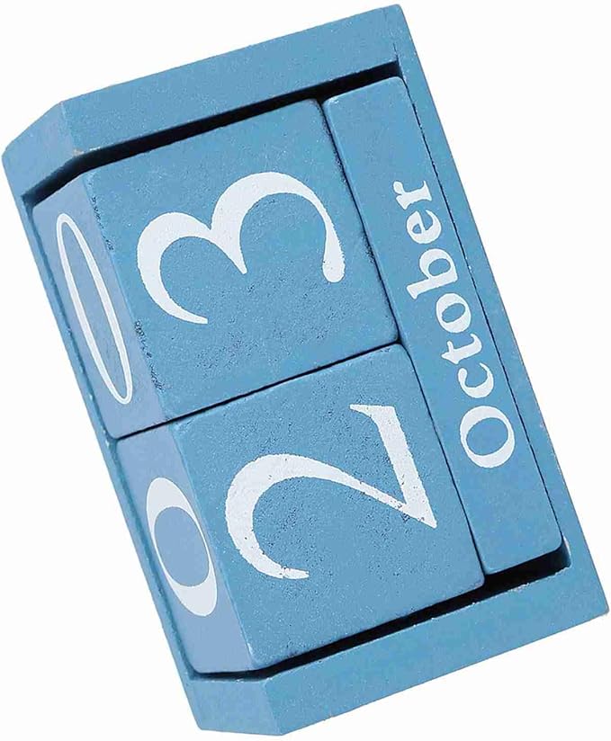 Perpetual Wooden Block Calendar, Desktop Vintage Style Mini Month Date Time Display, Home Office Decoration with 2pcs Dices, Blue, Black Wood with 12 Month Blocks (Blue)