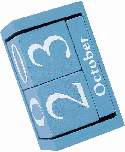 Perpetual Wooden Block Calendar, Desktop Vintage Style Mini Month Date Time Display, Home Office Decoration with 2pcs Dices, Blue, Black Wood with 12 Month Blocks (Blue)