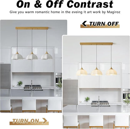 Modern 3 Light Pendant Lighting Gold Linear Dining Room Light Fixture Milk Glass Linear Chandelier Brass and White Pendant Lights Kitchen Island 3 Bulb Hanging Ceiling Light MPL17-3S GD