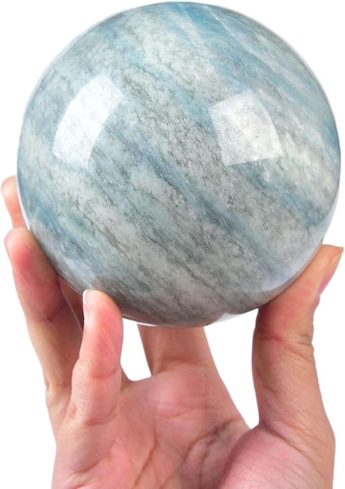 JIC Gem Natural Large Trolleite Crystal Ball Sphere Blue Healing Crystal Gemstone Ball with Display Stand Home Decor Meditation Grid Energy Balance (90-100mm)