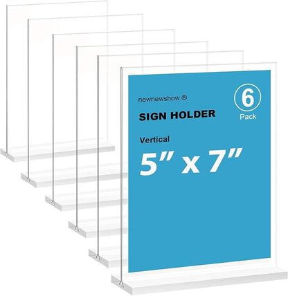 newnewshow 5“x7” Acrylic Sign Holder 6 Pack Vertical T Shape Double-Sided Desktop Display Holder