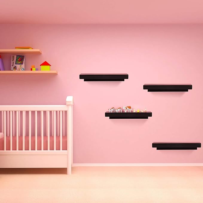Blulu 8 Packs 14 Inch Acrylic Floating Shelf Wall Mounted Invisible Acrylic Shelf Ledge Floating Bookshelf for Living Room Office Bedroom Bathroom Kitchen Decoration Space Save (Black)