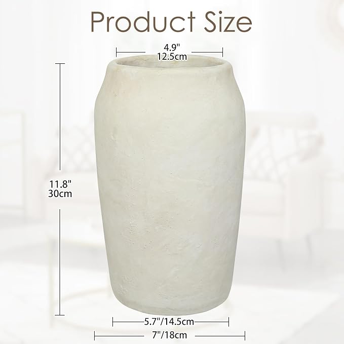 Briful 12'' Large Ceramic Rustic Vases Shabby Vintage Textured, 4.9'' Wide Mouth Pampas Vase for Fake Flowers Branches, Farmhouse Home Décor, Weddings Shelf Table Decor,Beige