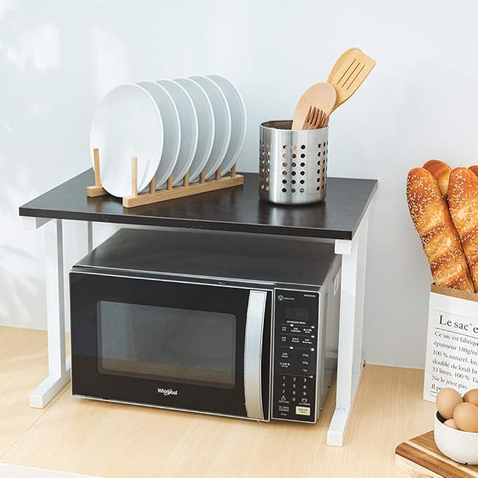 Wooden Microwave Oven Rack, 2-Tier Kitchen Counter Shelf, Kitchen Space Saving Organizer, Two Layers Counter Top Organizer for printers on desk, Microwave Shelf Stand,Microwave Countertop Stand- Black