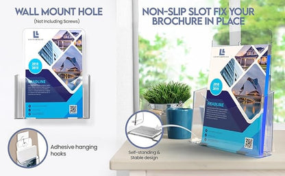 Brochure Holder 8.5 x 11 inch, Acrylic Plastic Literature Holders Clear Flyer Holder Rack Card Holder, Magazine, Pamphlet, Booklet Display Stand Trifold Holder, Desk or Wall Mount Pack of 2