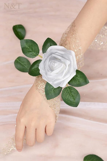 N&T NIETING Artificial Flowers, 25pcs Fake Flowers Roses with Stem for DIY Wedding Bouquets Centerpieces Bridal Shower Party Home Decoration, Silver White