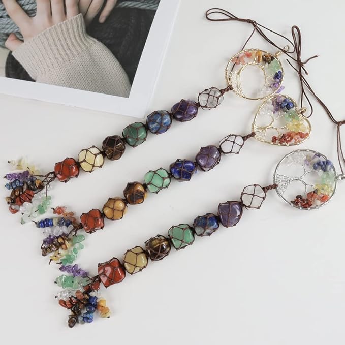 Handmade Crystal Window Car Hanging Ornaments 7 Chakra Home Decoration Feng Shui Ornament Yoga Meditation Car Decoration Tumbled Palm Stones Christmas Decorations Ornaments (Style 5)