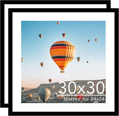 30x30 Picture Frame Set of 2 with 24x24 Mat, Display Photo 24x24 with Mat or 30 x 30 Without Mat, Wall Hanging Large 30x30 Poster Frame with Shatter Resistant Plexiglass, 2 Pack, Black