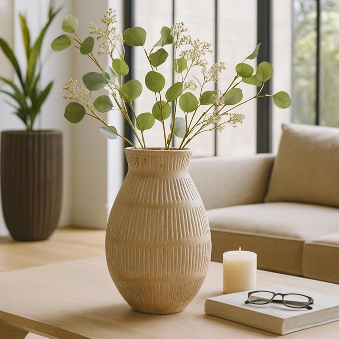 Ceramic Flower Vase for Living Room Decor – Decorative Terracotta Vase with Bold Textured Form for Fresh Flowers or Pampas Grass – Home Centerpiece for Bedroom, Table, or Office Decor – 16" Ivory