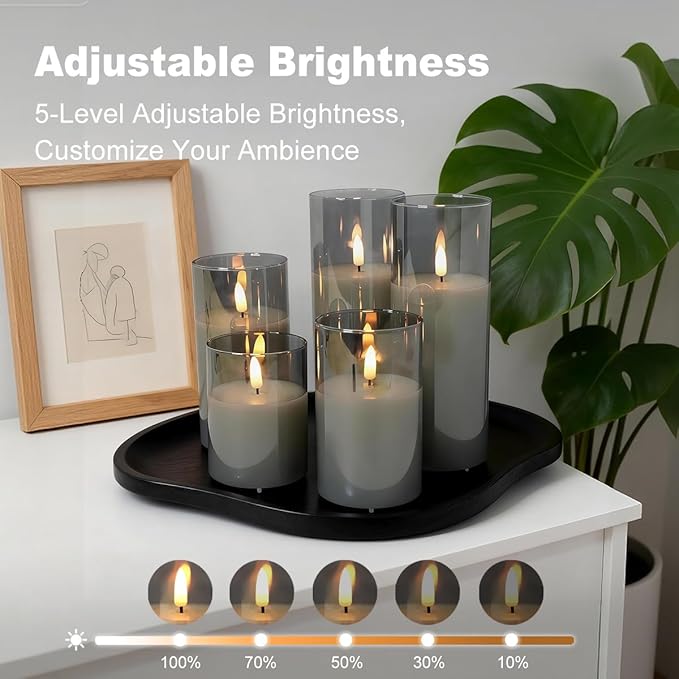 Rechargeable Flameless Candle, Flashing LED Pillar Real Wax Candle with Remote Control and Timer, Clear Glass Electronic Candles, 1 Set of 5（Gray）