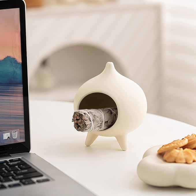 Handmade Ceramic Palo Santo Holder Burner & Sage Holder - Mini Tabletop Chiminea Burner Tray with Ash Catcher, Decorative Incense Holder for Spiritual Meditation & Yoga