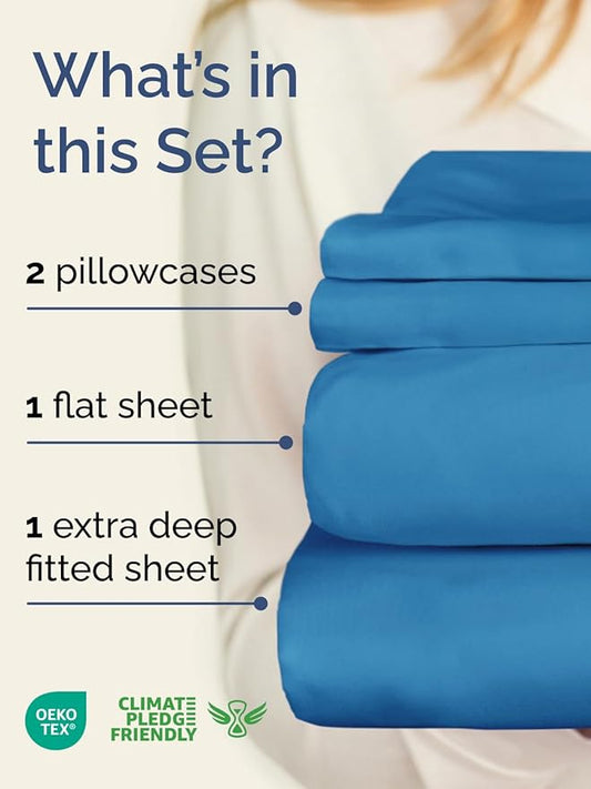 Extra Deep Twin Sheet Set - 4 Piece Breathable & Cooling Sheets - Hotel Luxury Bed Sheets Set - Easy & Secure Fit - Soft, Wrinkle Free & Comfy Sheets Set - Denim Blue Sheet Set with Extra Deep Pockets