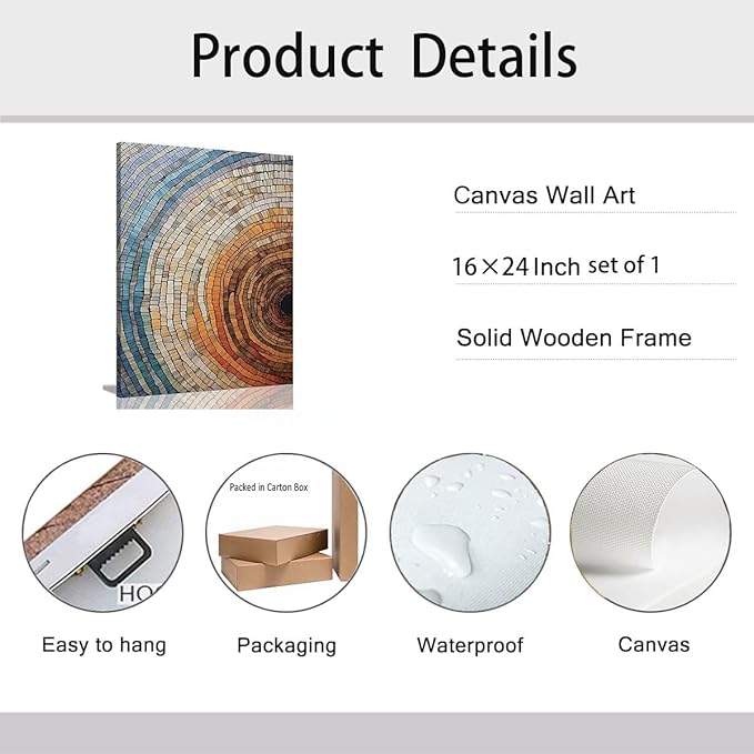 IBHJSART Framed Tree Ring Canvas Wall Art Vintage Colorful Wood Stump Painting Prints Modern Minimalist Pictures Neutral Nature Rustic Farmhouse Decor Living Room Bedroom Bathroom Office