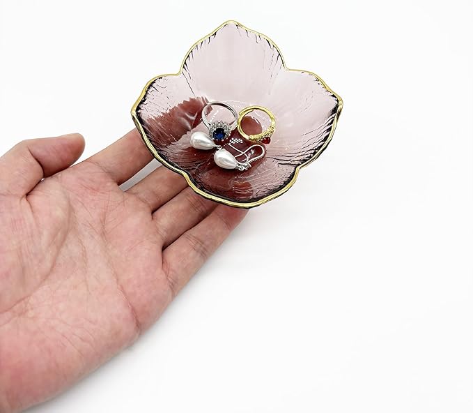 Small Flower Ring Dish Jewelry Tray, Pink Glass Jewelry Dish Tray, Nightstand Decor Jewlery Plate, Gifts for Mom, Crystal Ring Holder for Women, Bathroom Jewelry Bowl Trinket Tray Soap Dish