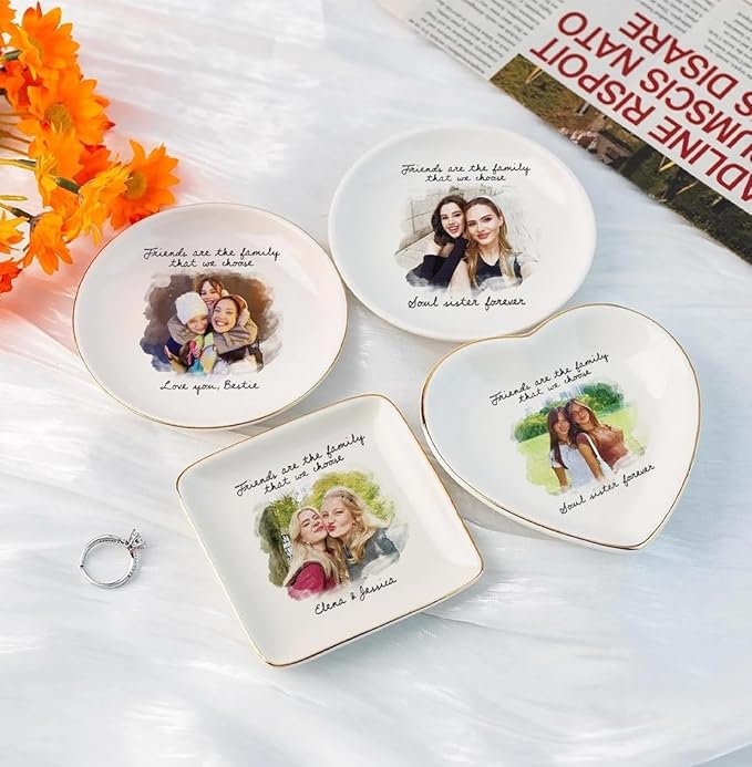 Chillever Personalized Besties Photo Ring Dish, Custom Jewelry Dish Gift for Besties, Soul Sister Trinket Gift for Long Distance Friendship Women BFF Christmas Birthday Wedding Gifts DS4