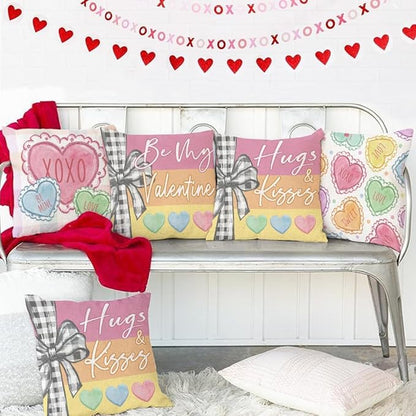 GEEORY Valentine's Day Throw Pillow Covers 18x18 Inch Set of 4, Be My Valentine Hearts Hugs Kisses Love XOXO Sweet Decorative Farmhouse Holiday Cushion Case for Home Decoration G643-18