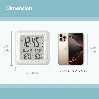 KADAMS Bathroom Clock 9.5" Kitchen Wall Clock with Large LCD Screen – Shower Clock with Suction Cup,Temperature, Humidity, Calendar – Water-Resistant, 4 Mounting Options, White