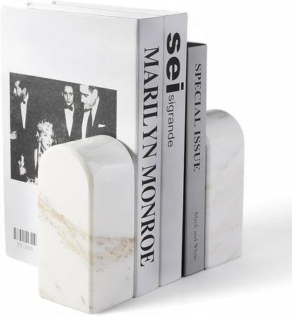 Koville Natural Marble Bookends for Shelves, Decorative Book Ends, 7lbs Heavy-Duty Marble Book Holders, Bookshelf Apartment Decor for Normal Books/CD/Video Games Calacatta