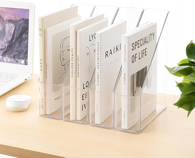 Acrylic Magazine Holder, 4 PCS File Magazine & Book Storage Rack for Office Desk, Clear Book Organizer with 3pcs Silicone Automatic Bookmarks (4)