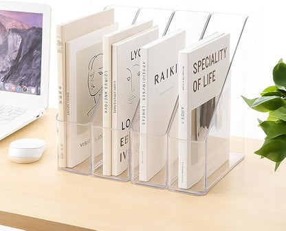 Acrylic Magazine Holder, 4 PCS File Magazine & Book Storage Rack for Office Desk, Clear Book Organizer with 3pcs Silicone Automatic Bookmarks (4)