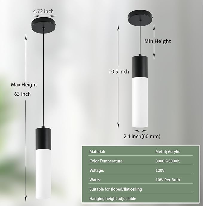 Kitchen Island Pendant Lights LED Black Small Pendant Light 12W with Milky White Lampshade Modern Ceiling Hanging Lamp for Bedroom Bedside Dining Room Table Bathroom, 1 Pack, 3000K-6000K