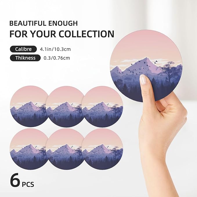 6 Pcs Ceramic Coasters with Holder Absorbent Drink Round Mountains Sunset Design for Home Table Coffee Cup Wine Beer Bar,Size 4.4 inches