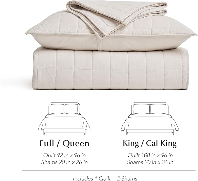 EVERGRACEHOME 100% Cotton Box Stitch Quilt Bedding Set Queen Size 3 Pieces, Garment-Washed Lightweight Soft Cozy Coverlet, Quilted Bedspread Sets with 2 Shams for All Season, Birch