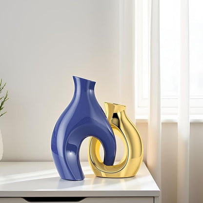 Blue Gold Modern Abstract Ceramic Vases for Home Decor,Nordic Snuggle Hollow Design for Flowers Pampas Grass Decorative,for Living Room Coffee Table Centerpiece,Entrance,Console (Blue)