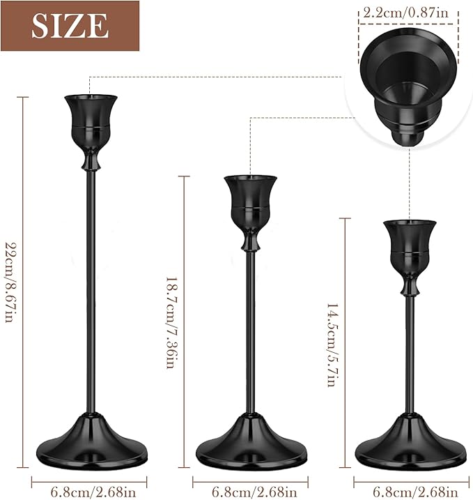 Black Candlestick Holders Set of 3, Weighted, Metal Taper Candle Stick Holders, Vintage Christmas Brass Home Decor for Table, Mantel, Room Decorations Housewarming Gift Black-3